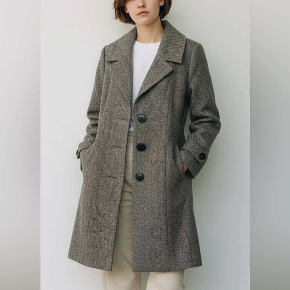 Cabi Shakespeare Tweed Overcoat Grayish/Brown Size 12 Wool Blend Knee Length - Picture 8 of 16